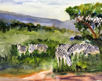 Zebra-aquarelprint – Zuid-Afrika safari landschapskunst