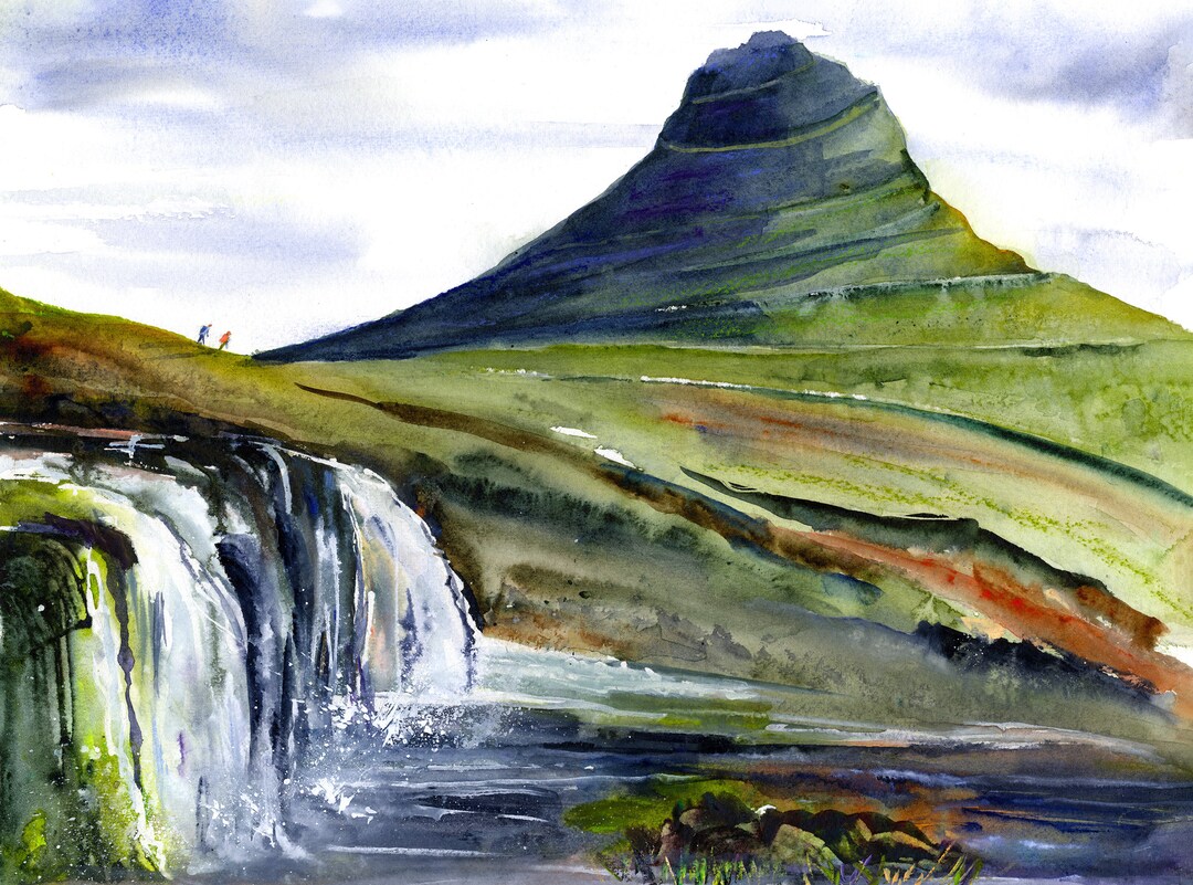 Kirkjufellsfoss Waterfall Watercolor Art Print, Iceland Landscape - Etsy