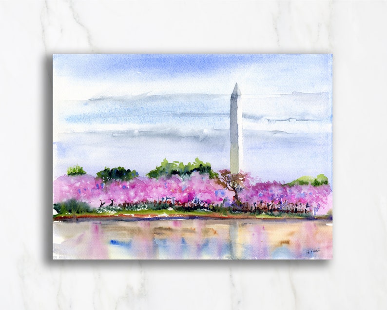 Cherry Trees Washington, DC Clem DaVinci Watercolors Washington Monument OrigWatercolor 12x16 inches