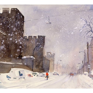 Philadelphia Fairmount Avenue Snow Scene paintings Wall Art Philly Cityscapes Clem DaVinci Watercolor Abstract Philadelphia Prints