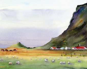 Island South Shore Goldener Kreis Aquarell Drucke, Schaf Wandkunst, Islandschaf Abstrakte Wildpferde