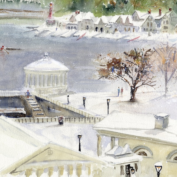 Philadelphia Boathouse Row, Winter Scene Digital Download, printable watercolor, Philly digital prints, Gazebo