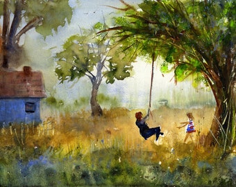 Bambini che giocano paesaggio estivo pittura ad acquerello astratto Home Decor Summer Cottage Tree Swing