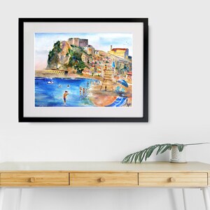 italy print wall art CALABRIA Italy Painting Scilla Beach Italian Beaches Watercolor Landscape Castello Ruffo Wall Art Italy Home Decor Gift 12x16w/MatFrm_16x20 inches