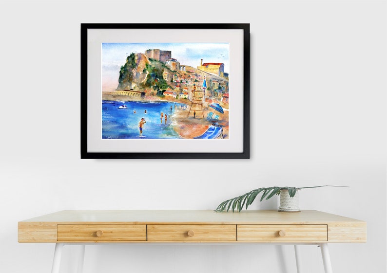 italy print wall art CALABRIA Italy Painting Scilla Beach Italian Beaches Watercolor Landscape Castello Ruffo Wall Art Italy Home Decor Gift 12x16w/MatFrm_16x20 inches