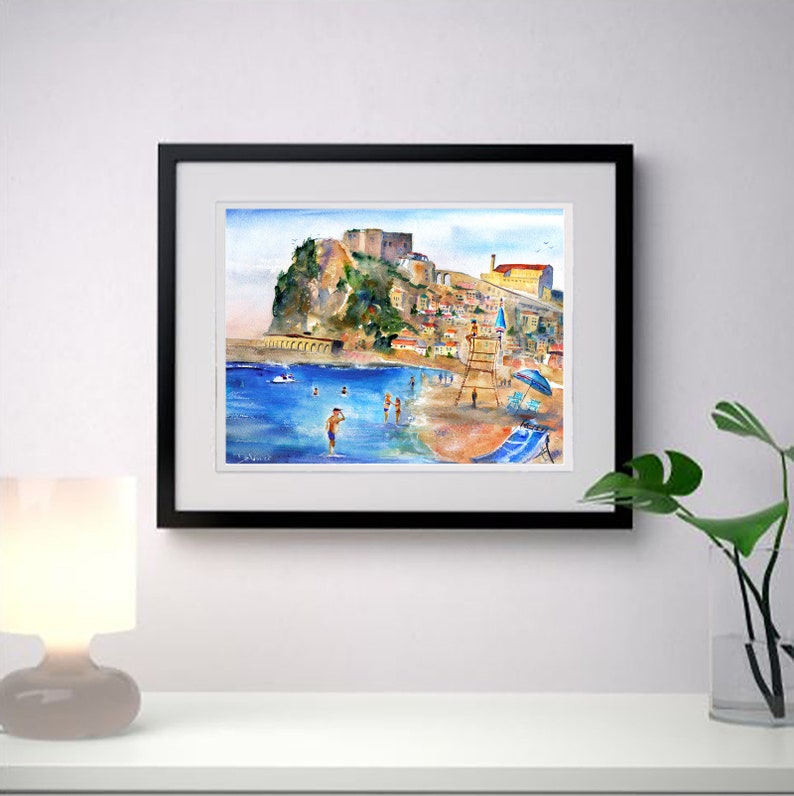 italy print wall art CALABRIA Italy Painting Scilla Beach Italian Beaches Watercolor Landscape Castello Ruffo Wall Art Italy Home Decor Gift image 4