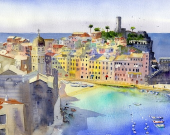 CINQUE TERRE Italy Watercolor Vernazza Cinque Terre Wall Art Home Decor Prints of Vernazza Art Print Wall Decor Cinque Terre Print Painting