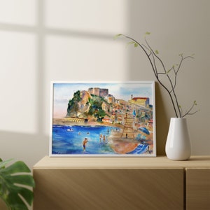 italy print wall art CALABRIA Italy Painting Scilla Beach Italian Beaches Watercolor Landscape Castello Ruffo Wall Art Italy Home Decor Gift print 12x16 inches