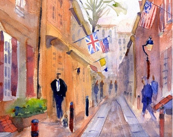 Elfreth's Alley Watercolor Print, Philadelphia Cityscape (Digital Download)
