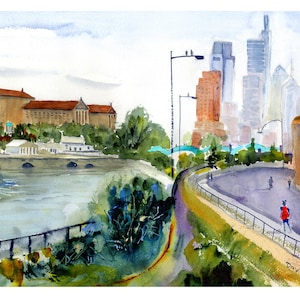 May include: Watercolor painting of a city skyline with a river and park in the foreground. The artwork features a museum, tall buildings, a winding path, and a person in a red jacket. The style is impressionistic with soft colors.