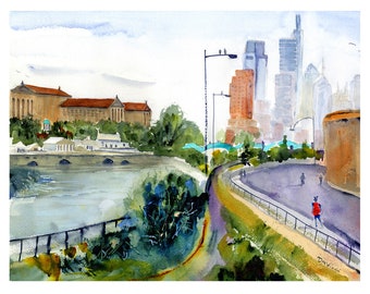 Philadelphia West River Drive Watercolor Philly Skyline Painting Philadelphia Art Museum Prints of Waterworks Watercolor Gift Clem DaVinci