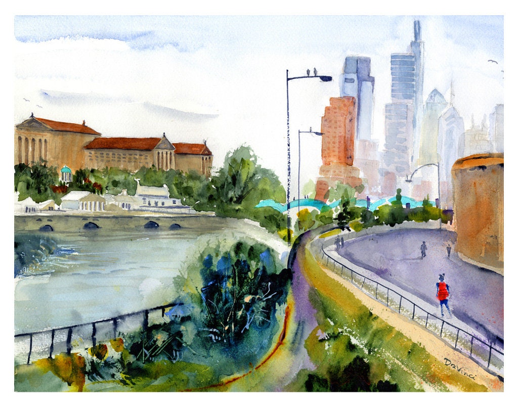Philadelphia West River Drive Watercolor Philly Skyline | Etsy