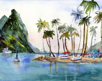 Stampa ad acquerello di Santa Lucia, Secret Cove, arte delle isole caraibiche