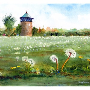 Rockford Park aquarel, Wilmington, Delaware kunst, paardebloem zaden, Rockford Park watertoren, Art Print, kunst aan de muur, bloem schilderij,