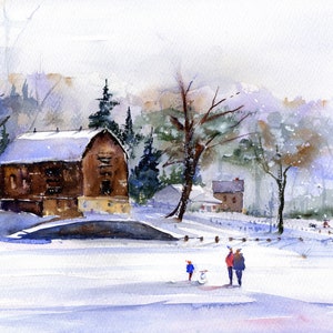 Wintery Watercolor, Wethersfield Cove, Snowy Winter Watercolor Wall Art, Historic Wethersfield, Connecticut , Abstract Winter Painting
