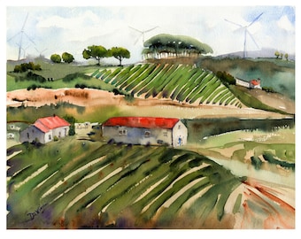 Portugal Vineyards Watercolor Print: Douro Valley Wine Country Art
