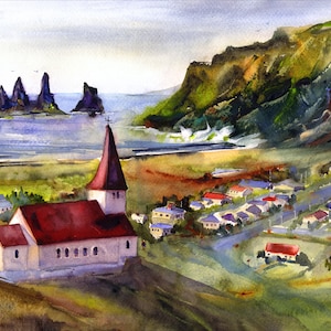 ISLANDIA, Costa sur, Ciudad de Vik, 3 trolls de Vik, Paisaje en acuarela, Arte mural de Islandia, Círculo dorado, Acuarelas de Clem DaVinci