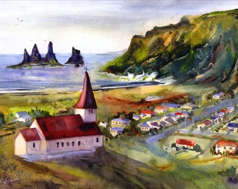 ICELAND, South Shore, Town of Vik, 3 trolls of Vik, Watercolor landscape, Iceland Wall Art, Golden Circle, Clem DaVinci Watercolors