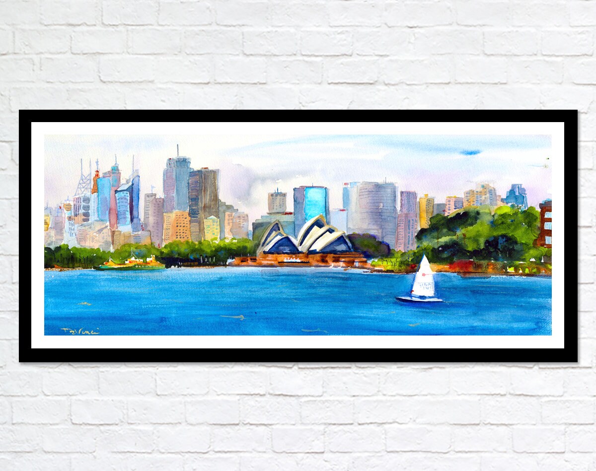 オーストラリア シドニー風景 絵画 水彩画 原画 オーストラリアのシドニー - シドニー港の壁画 - シドニーの絵画