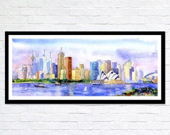 Sydney Harbor - Opera House - Sydney Australia - Panoramic - Clem DaVinci Watercolors - panoramic art print