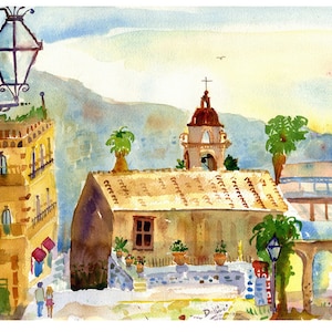 Sicily - Taormina Italy, Watercolor Print of Sicily, Sicilian Art Print, Taormina Sicily Wall Art Print, Taormina Italy Landscape painting