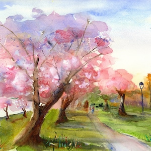 May include: Watercolor painting of a park scene with cherry blossom trees in full bloom. The trees are pink and white, and the ground is green. There are people walking on a path in the park.
