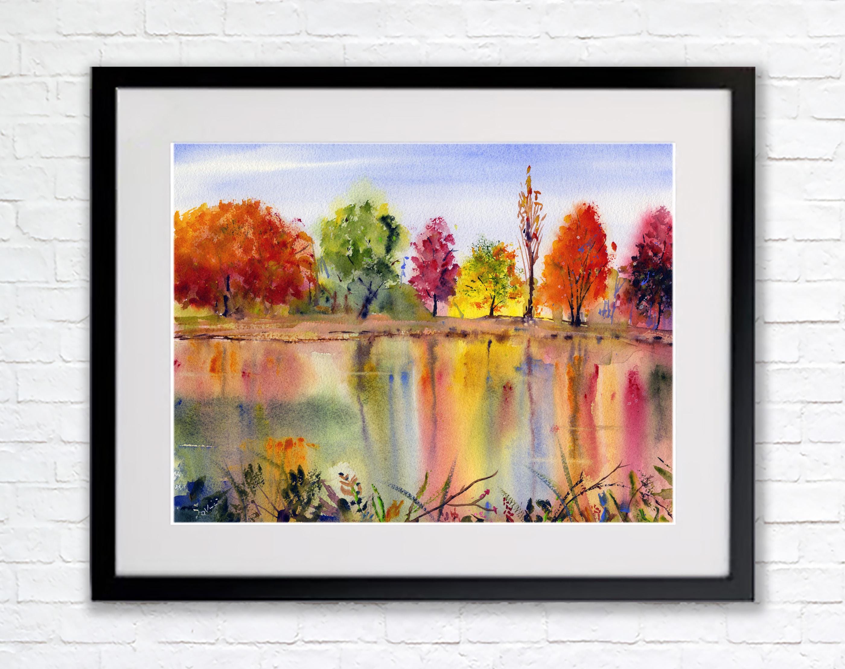 秋の水彩風景画 色鮮やかな紅葉の絵画 秋の壁アート - Etsy 日本