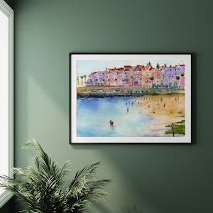 Portugal Wall Art Painting, Cascais Portugal Watercolor Landscape, Abstract Colorful Beach Watercolor, Gifts for mom 16x20 inches