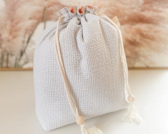 Kordelzug Projekttasche zum Stricken und Häkeln aus Musselin Stoff - Größe S mit abgesetzten Taschen