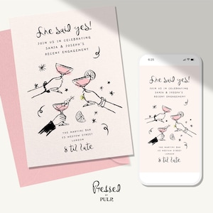 May include: Pink engagement announcement card and phone screen with the text "She said yes!" and invitation details. The design features line art of hands holding martini glasses, stars, and the words "The Martini Bar, London."