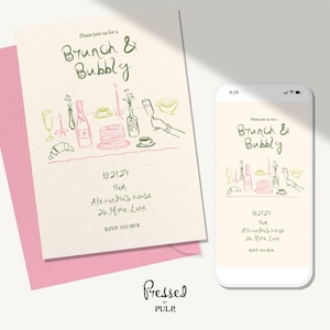 Puede incluir: Una invitación crema para un evento "Brunch & Bubbly", con una ilustración dibujada a mano en verde y rosa. La invitación incluye la fecha, hora, lugar y datos de RSVP. Un smartphone muestra la misma invitación.