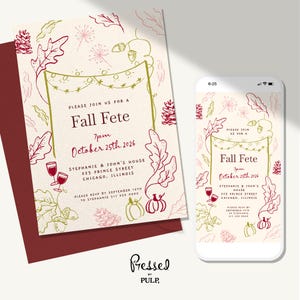 May include: An invitation and a smartphone screen showing a "Fall Fete" announcement. The invitation has autumnal illustrations in red and green, with text detailing the event's date, time, and location. The smartphone screen replicates the invitation's design.