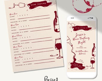 May include: A wine tasting invitation and score sheet with a burgundy illustration of wine glasses and bottles. The invitation on a smartphone screen reads "Jessie's Wine Tasting Night" with event details. The score sheet has space for five wines.