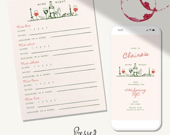May include: A wine night invitation and score sheet. The invitation on a smartphone screen reads "Come to Claire's Wine Night" with event details. The score sheet has spaces for wine tasting notes and scores.