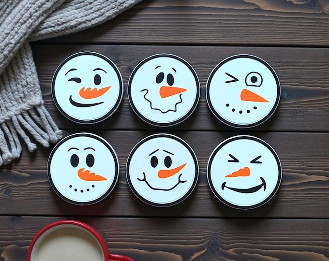 Funny Snowman Coasters, Holiday Drink Coasters with Holder, Set of 6