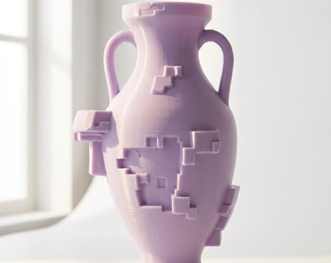 3D Printed Pixelated Vase – Lavender Gaming Inspired Amphora, Modern Geometric Decor
