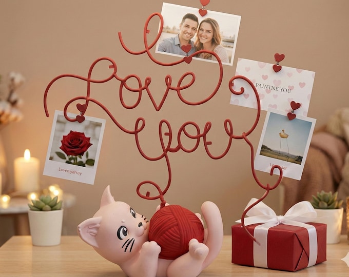 Valentine Cat Photo Holder | “Love You” Yarn Ball Kitty | Photo & Note Display Stand | Romantic Desk Decor | Cat Lover Gift