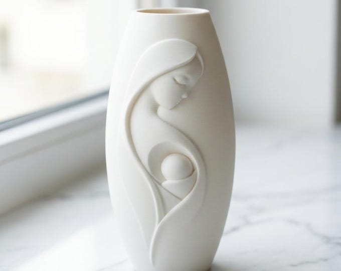 3D Printed Mother Child Vase – Sculptural Relief Art Piece, PLA+ Ceramic Look