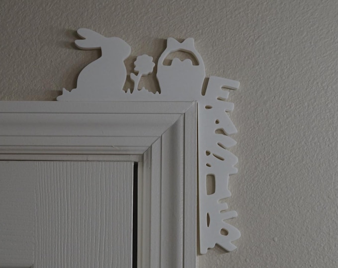 Easter Door Corner Decoration -  Bunny and Basket Spring Home Decor, Easter Tiered Door Accent, Holiday Shelf Sitter, Farmhouse Wall Art