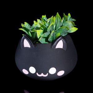 Black Cat Head Planter – Cute Kitty Plant Pot with Pink Accents, Small Cat Succulent Planter, 4 Inch Animal Lover Gift