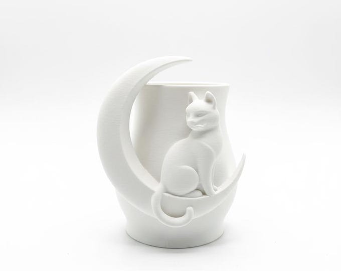 Moon Cat Vase – 3D Printed Cat Lover Gift, Minimalist Desk Decor with Crescent Moon Base