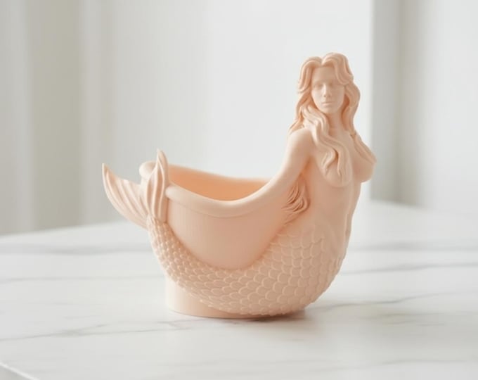 Mermaid Planter 7 Inch – Coastal Decor Succulent Pot, 3D Printed Catch All Bowl