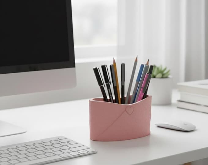 Envelope Pencil Holder with Hearts, Cute Desk Organizer for Pens & Markers, Pink Valentine Decor, Teacher Gift