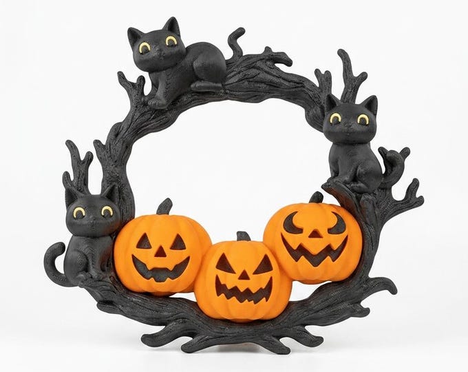 Halloween Wreath with Black Cats and Pumpkins – 3D Printed Door Decor