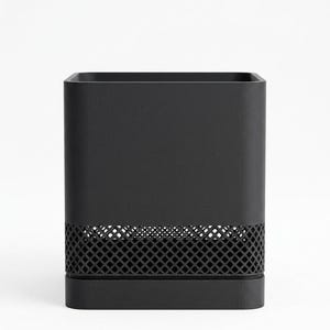 May include: A matte black rectangular storage container with rounded corners. The upper portion features a solid surface, while the lower section is designed with a distinct diamond-shaped lattice grid pattern, creating a visible open-work texture.