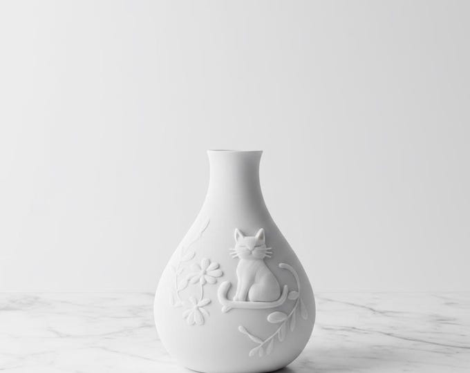 3D Printed Cat Vase – Modern Cat Lover Gift Small Bud Vase, Minimalist Home Decor with Raised Floral Design