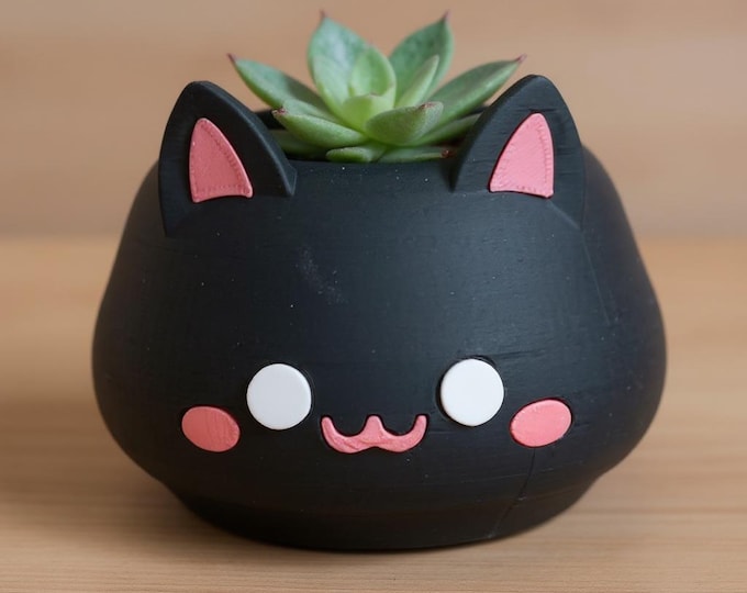 Black Cat Planter Pot, Kawaii Kitty Succulent Planter, Cute Cat Head Plant Pot, Cat Lover Gift, Mini Desk Planter, 3D Printed PLA