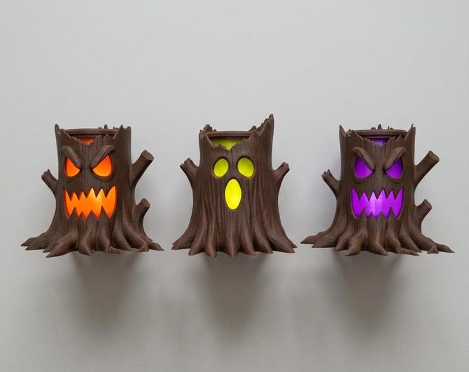 Halloween Tea Light Holder – Spooky Tree Stump Lantern Set, Gothic Decor