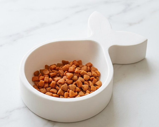 3D Printed Fish Shaped Cat Bowl – White PLA+ Pet Food Water Dish, Whimsical Design