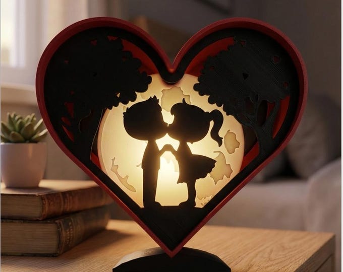Valentines Day Night Light, Heart Shadow Box Lamp, Kissing Couple Silhouette, Romantic Bedroom Decor, LED Tea Light Included, 3D Printed
